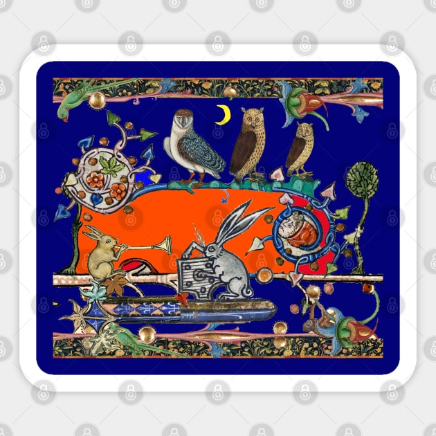 WEIRD MEDIEVAL BESTIARY MAKING MUSIC, Three Owls And Night Concert of Rabbits in Orange Blue Sticker by BulganLumini